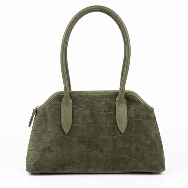 Front view of a women's Italian *Vera Pelle* handbag made of genuine suede and leather in olive green (khaki).
