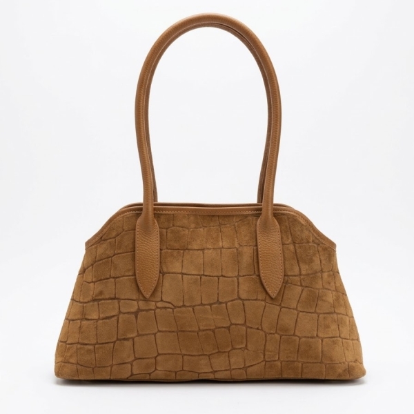 Front view of a light brown Italian women's handbag made of genuine suede and leather (Vera Pelle).