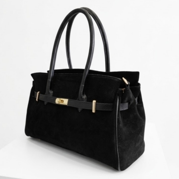 Large Italian bag, black, Vera Pelle, gold-tone metal hardware, two short handles.