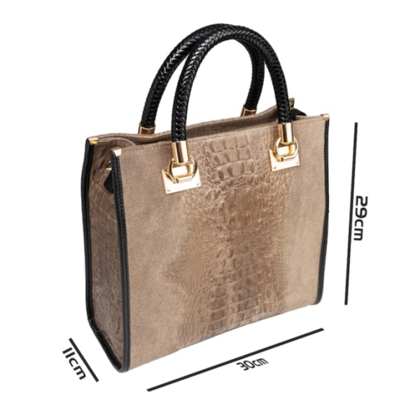 An elegant taupe women's handbag with a crocodile pattern, woven black handles, and gold-tone metal details.