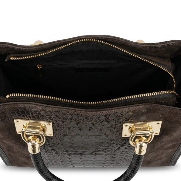 Italian women's genuine leather and suede handbag – Dark brown