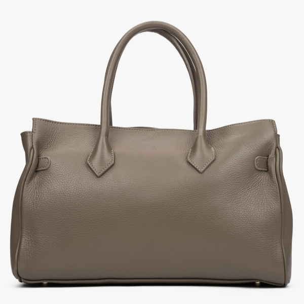 Rear view of an elegant taupe-beige handbag.