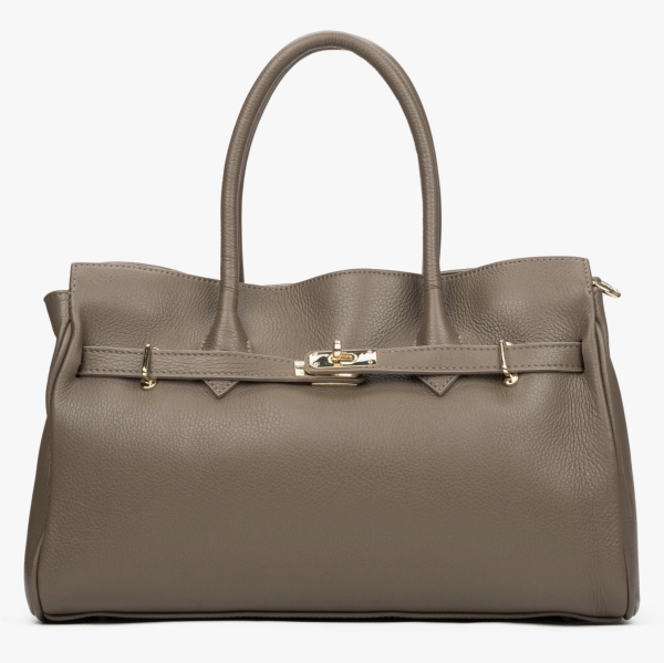 Front view of a luxurious beige women's handbag with a gold metal clasp.