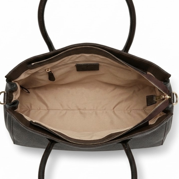 Interior layout of a beige Italian bag with a zippered pocket.
