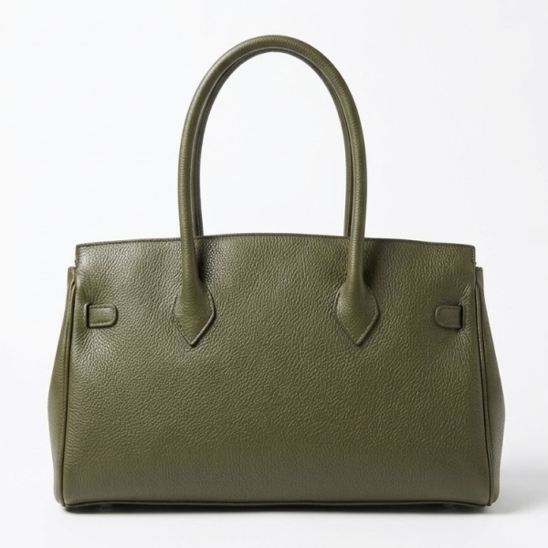 Back of an olive-green women's genuine leather handbag.