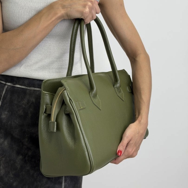 Side view of a green (olive) leather bag with a zipper.
