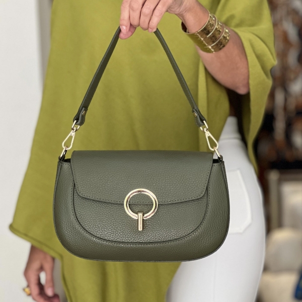 Front view of a luxury Italian khaki-colored bag with a gold-tone accent.