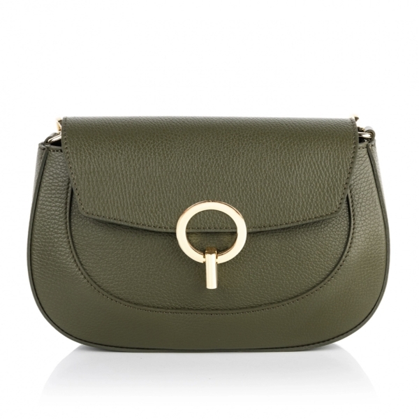 Front view of a luxury Italian khaki-colored bag with a gold-tone accent.