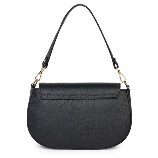 Back of a black genuine leather women's handbag, showing the fine texture of the material and the metal attachment of the handle.