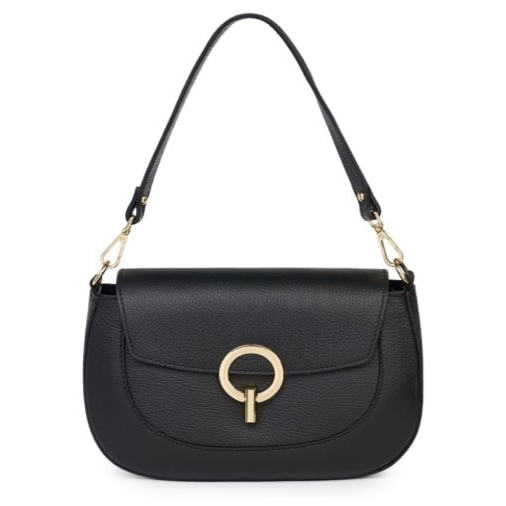 Front view of an elegant black genuine leather women's handbag with a round gold-tone clasp and a short handle