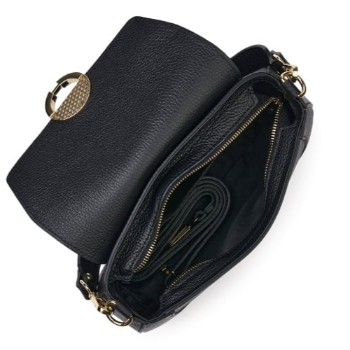 An open black leather bag, revealing a secure zippered inner compartment, a small interior pocket, and a folded extra-long shoulder strap.