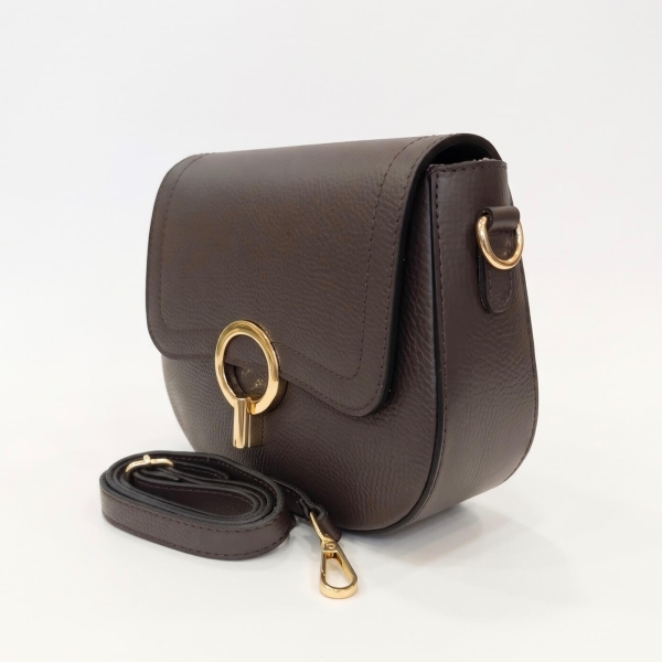 Italian dark brown leather bag with a long, adjustable shoulder strap