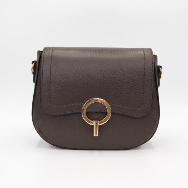 Dark brown genuine leather women's handbag with an elegant gold-tone clasp
