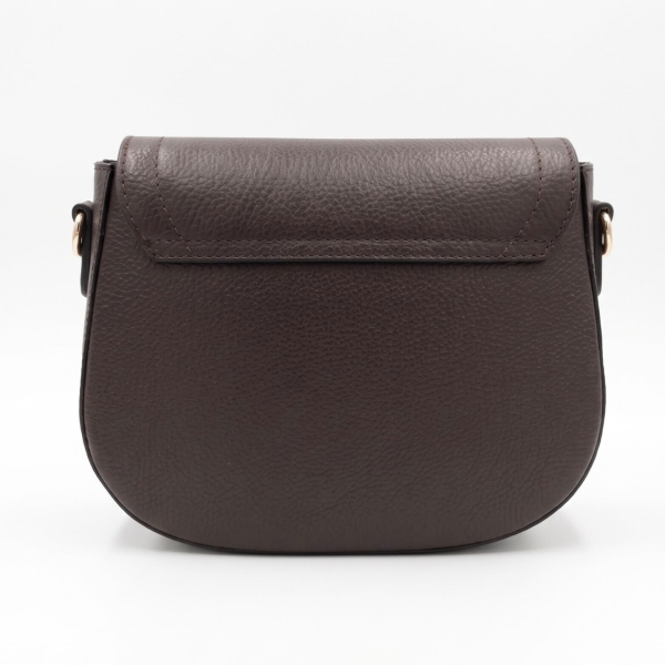 Back of a small, dark brown, genuine leather bag from Florence.