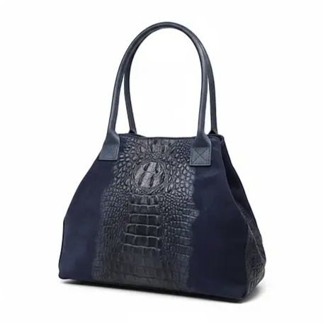 Dark Blue Italian Shopper Bag in Genuine Leather and Suede | Unique Fashion