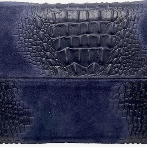 Close-up detail of an Italian bag, showing a combination of genuine suede and crocodile-embossed leather.