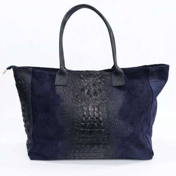 Dark blue women’s shopper bag made of genuine leather and suede with a crocodile print
