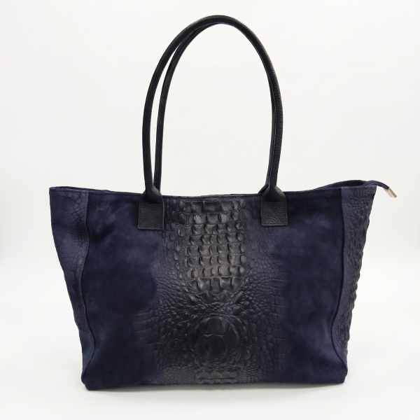 Dark blue women’s shopper bag made of genuine leather and suede with a crocodile print