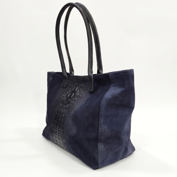 Dark Blue Italian Shopper Bag in Genuine Leather and Suede | Unique Fashion