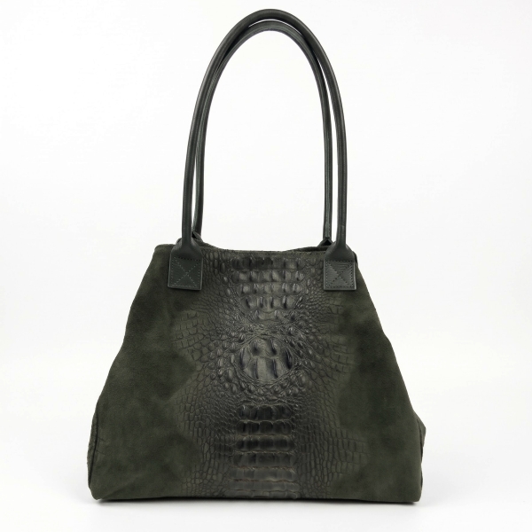 Elegant olive-green women’s bag in suede and leather with a crocodile-effect accent
