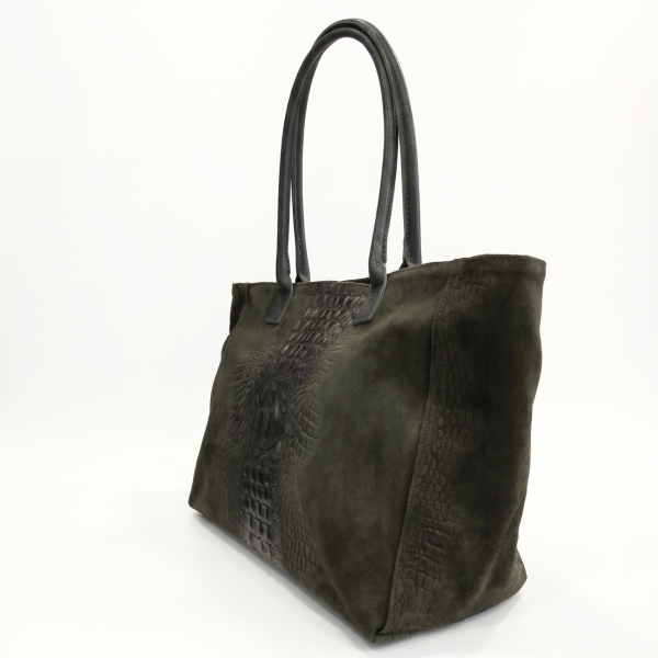 Elegant olive-green women’s bag in suede and leather with a crocodile-effect accent