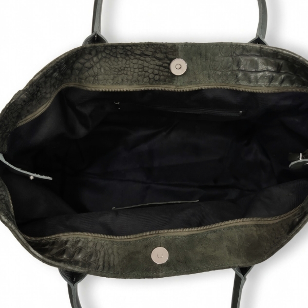 Dark Green Italian Genuine Leather and Suede Shopper Bag | Unique Fashion