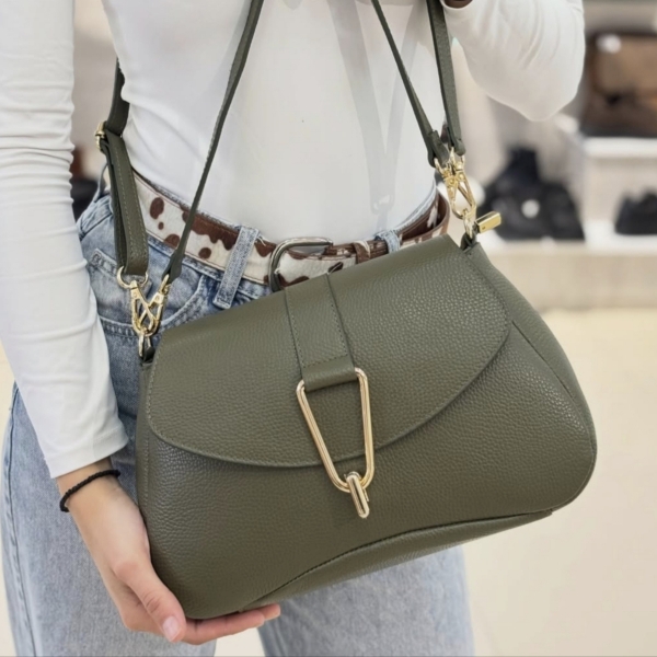 Women’s genuine leather crossbody bag in khaki with a gold-tone clasp,