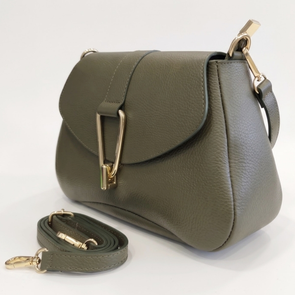 Elegant Italian women's genuine leather handbag in khaki (olive green), featuring both a short and a long strap.