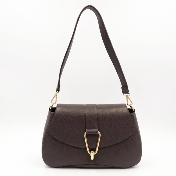 Dark brown women's leather bag with a gold-tone clasp and an additional long strap for crossbody wear.