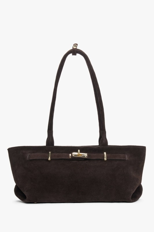 Dark brown Italian women's bag made of genuine suede, featuring leather handles and gold-tone metal hardware.