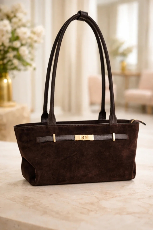 Dark brown Italian women's bag made of genuine suede, featuring leather handles and gold-tone metal hardware.