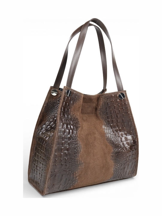 Elegant Italian women's handbag in genuine leather and suede, beige (taupe)