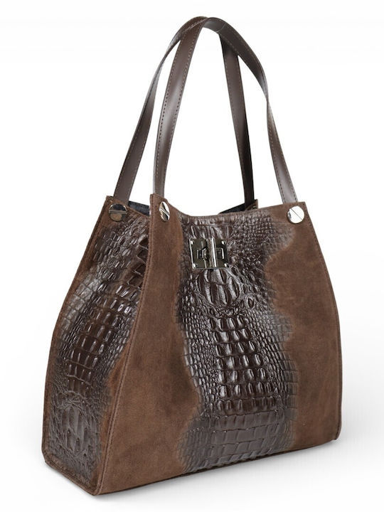 Elegant Italian women's handbag in genuine leather and suede, beige (taupe)